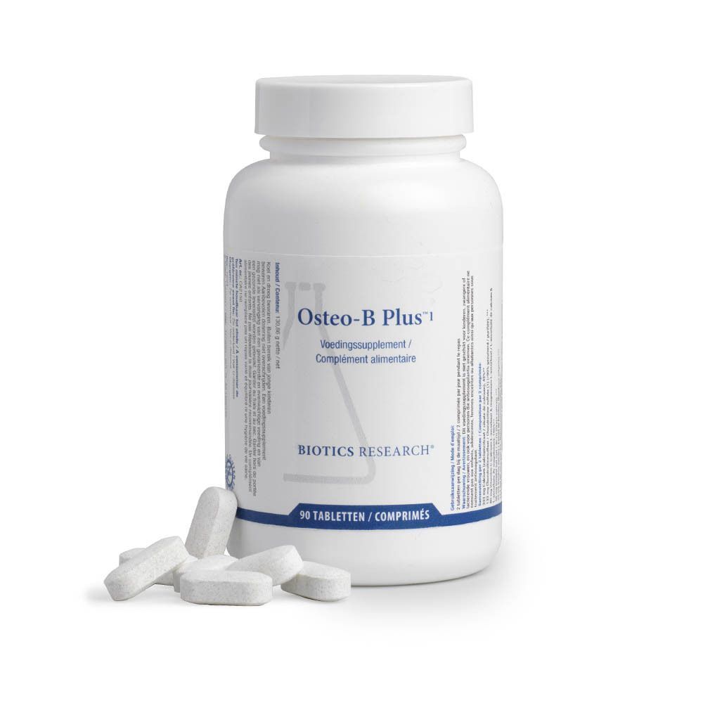 Deux bouteilles de Biotics Research Osteo-B-Plus. Contenants blancs avec étiquettes affichant les informations sur le produit et le nom de la marque.