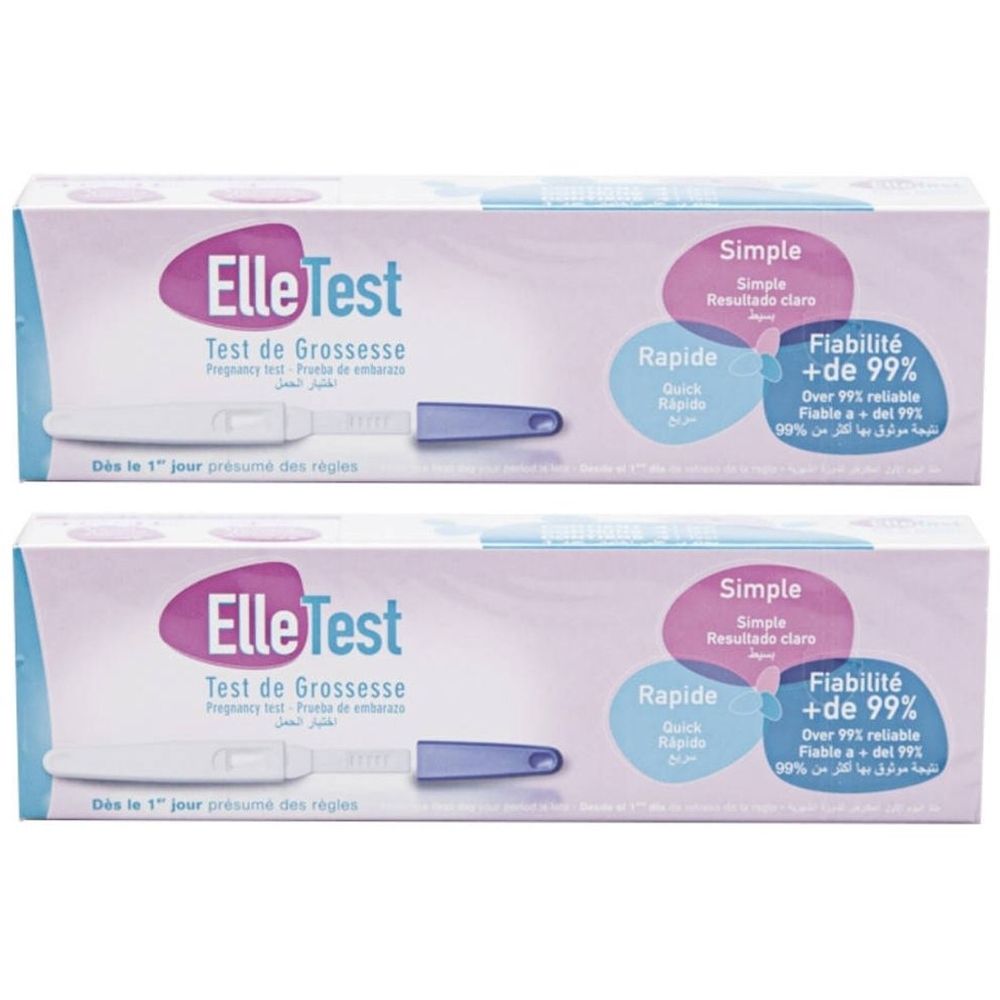 Twee verpakkingen van ElleTest zwangerschapstests. Witte, roze en blauwe verpakking. Met teststaafjes. Tekst in het Frans en Arabisch.