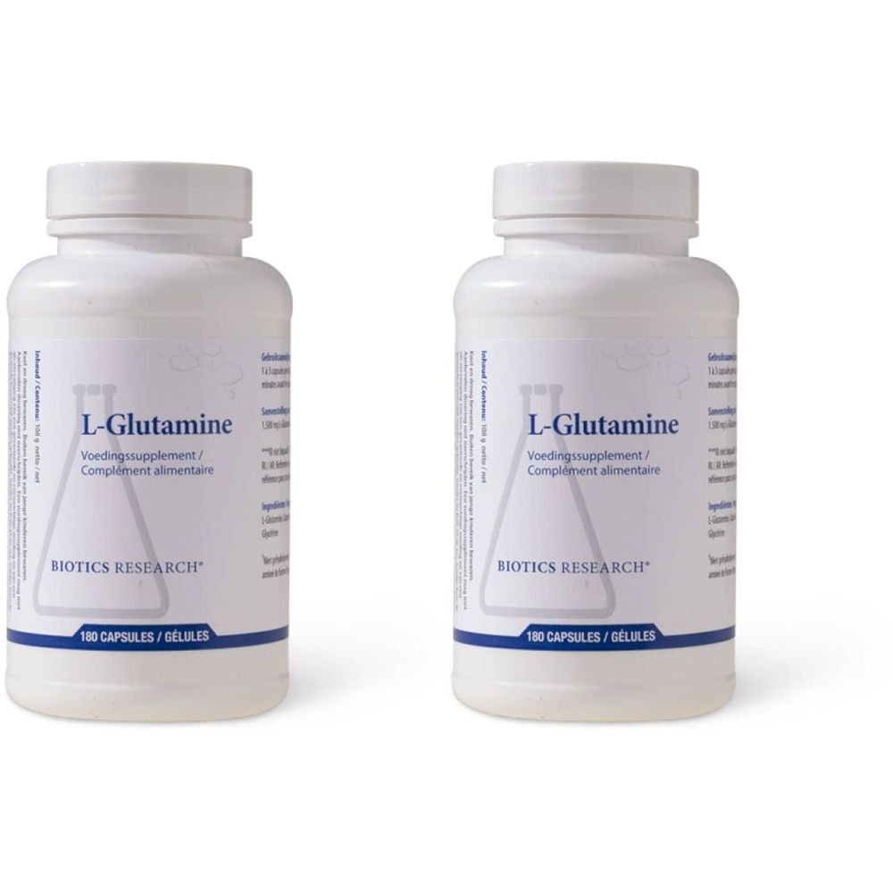 Twee witte flessen met label "L-Glutamine" en "BIOTICS RESEARCH". Capsules.