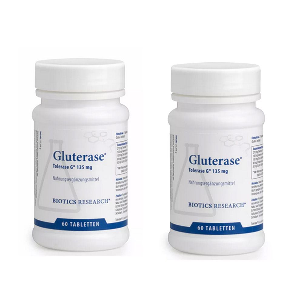 Deux flacons blancs avec étiquettes. Inscription: Gluterase, 135 mg, 60 comprimés. Marque: Biotics Research.