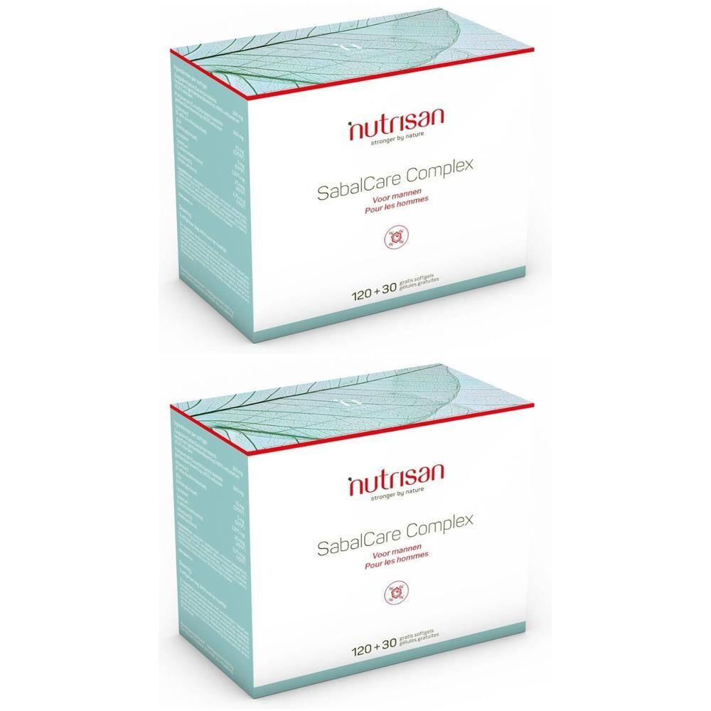 Twee witte dozen met rode en blauwe tekst. Opschrift: Nutrisan SabalCare Complex. 120+30.
