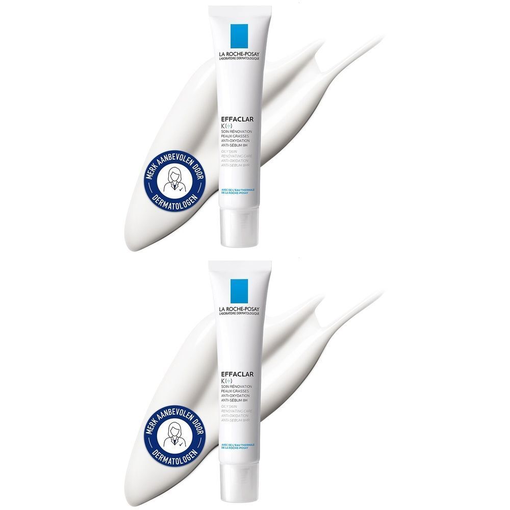 Twee tubes La Roche-Posay Effaclar K+ op witte achtergrond. Blauw en witte verpakking, tekst en logo.