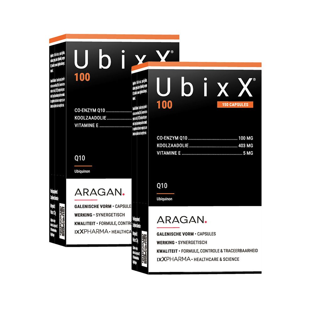 Twee dozen met opschrift: UbixX 100, Q10, ARAGAN. Bevat capsules.