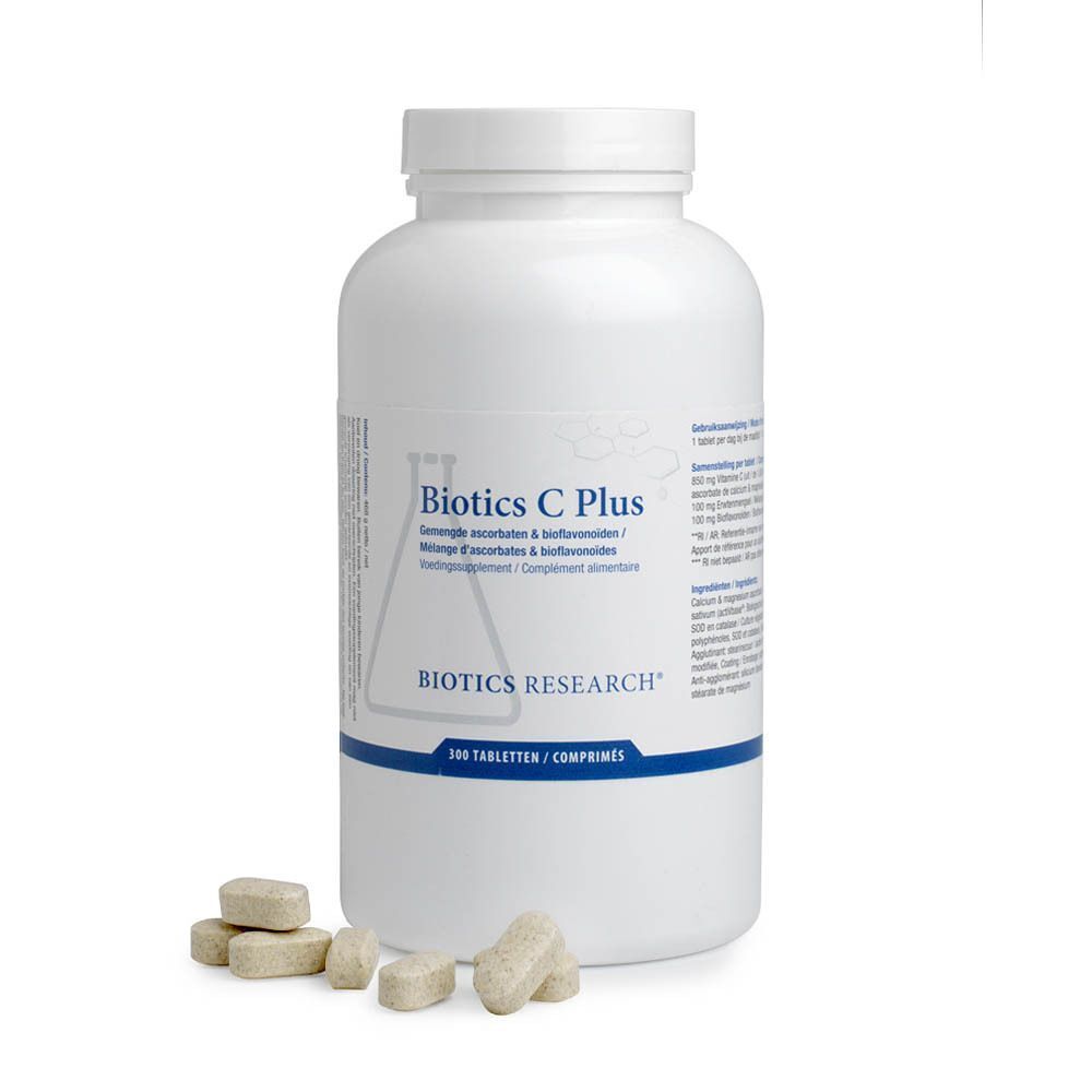 Een witte pot Biotics C Plus 1000 mg tabletten met enkele tabletten ernaast. Bevat 300 tabletten.