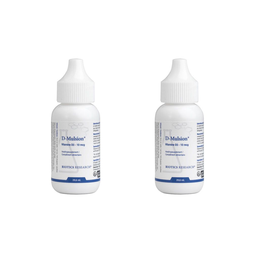 Twee witte flessen D-Mulsion, vitamine D3. BIOTICS RESEARCH. 29,6 ml.