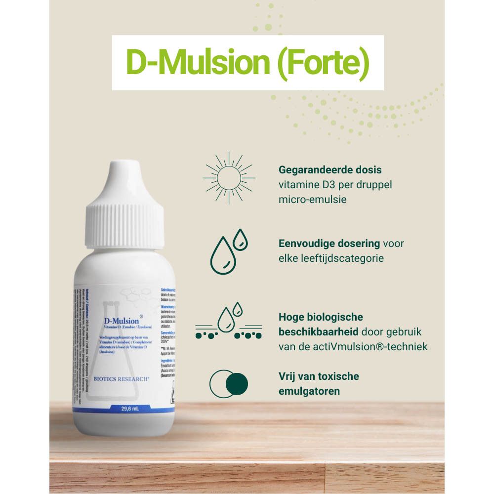Fles D-Mulsion (Forte). Vitamine D3, sesamolie. Tekst en iconen op beige achtergrond.