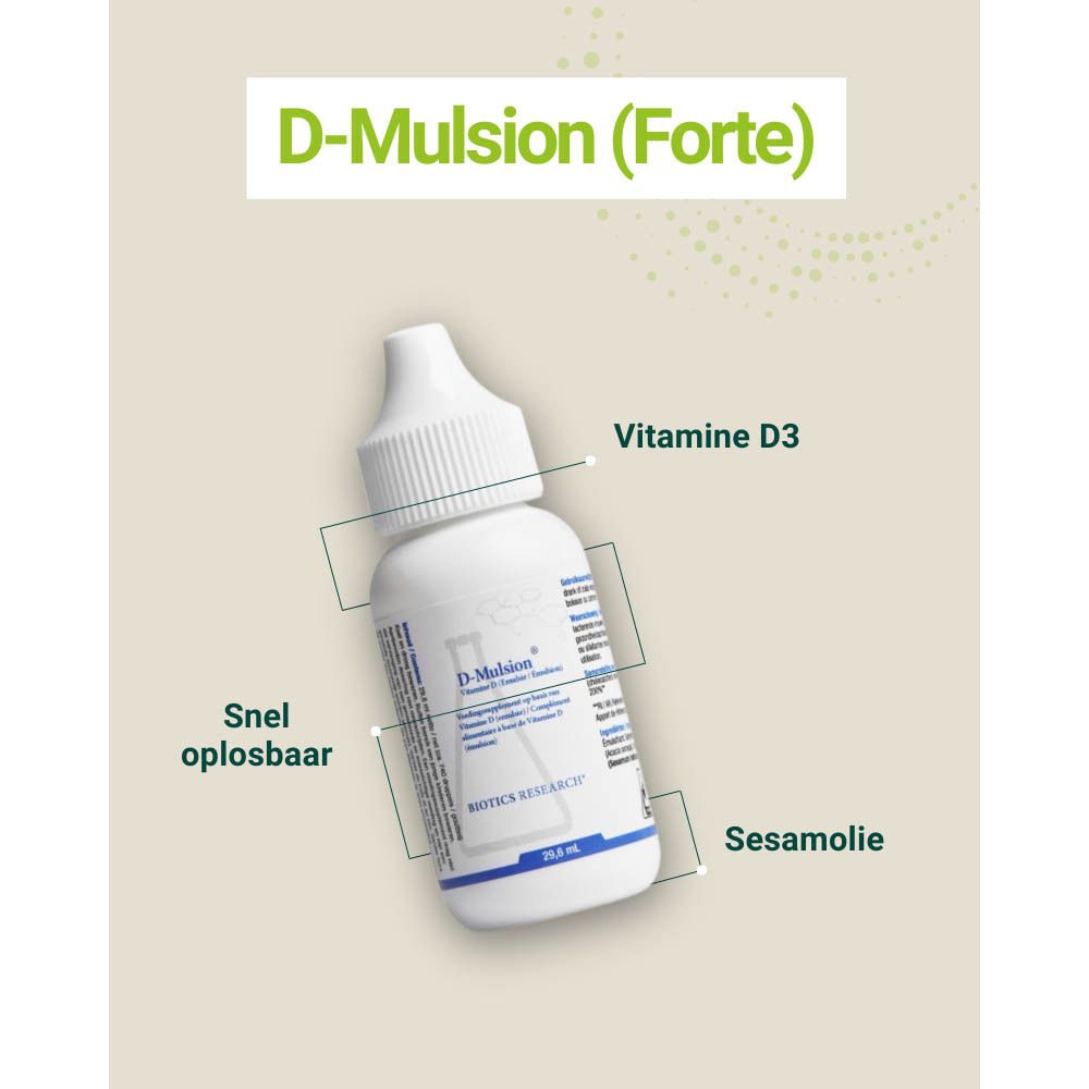 Fles D-Mulsion (Forte). Vitamine D3, sesamolie. Tekst en iconen op beige achtergrond.