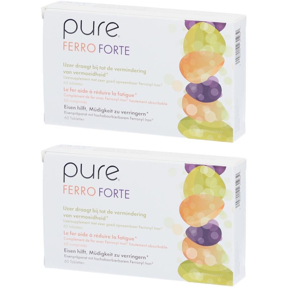 Twee witte dozen met "pure Ferro Forte". Meertalige opschriften, waaronder Nederlands en Frans. Bevat 60 tabletten.