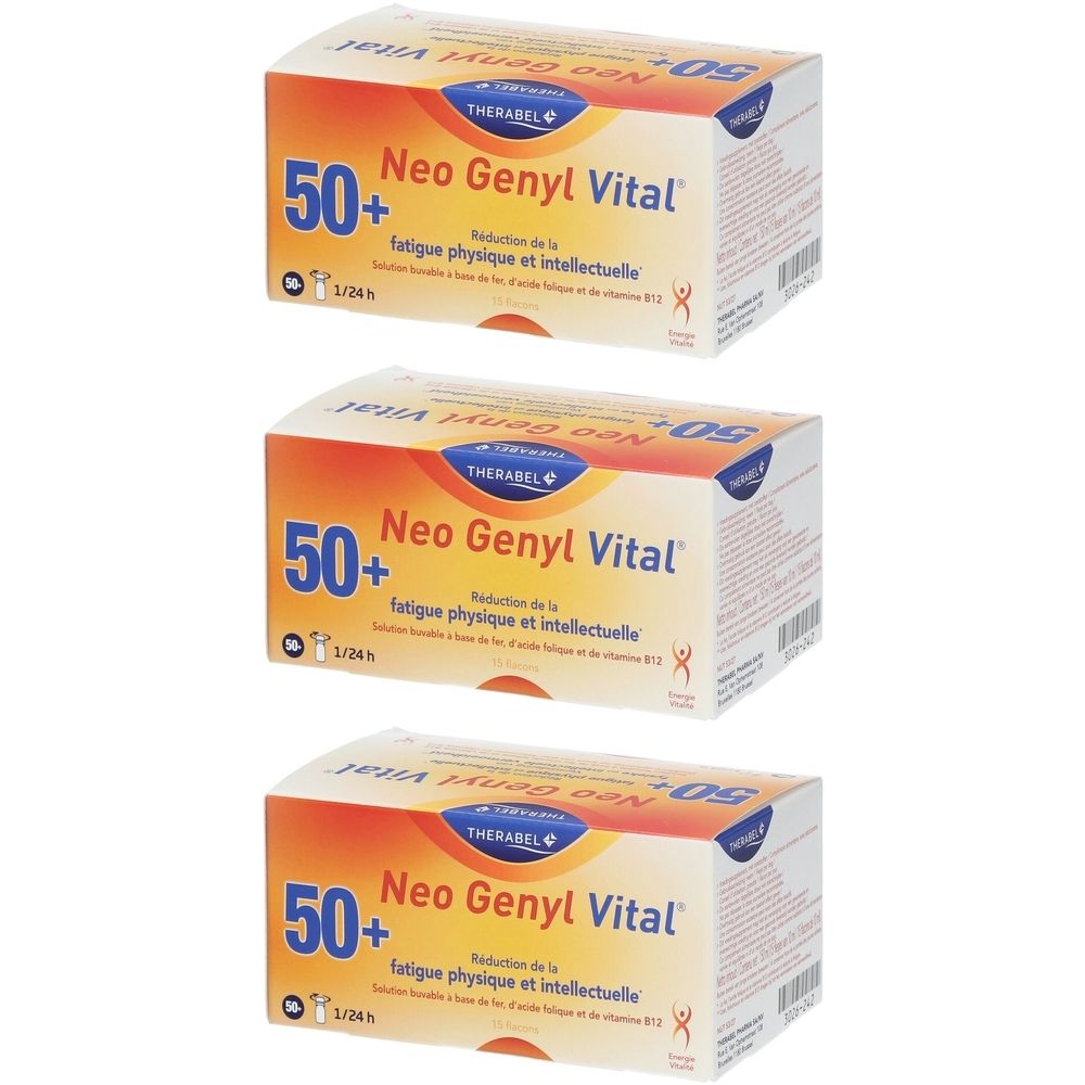 Drie dozen Neo Genyl Vital. Opschrift: 50+, THERABEL, Vermindering van fysieke en intellectuele vermoeidheid.