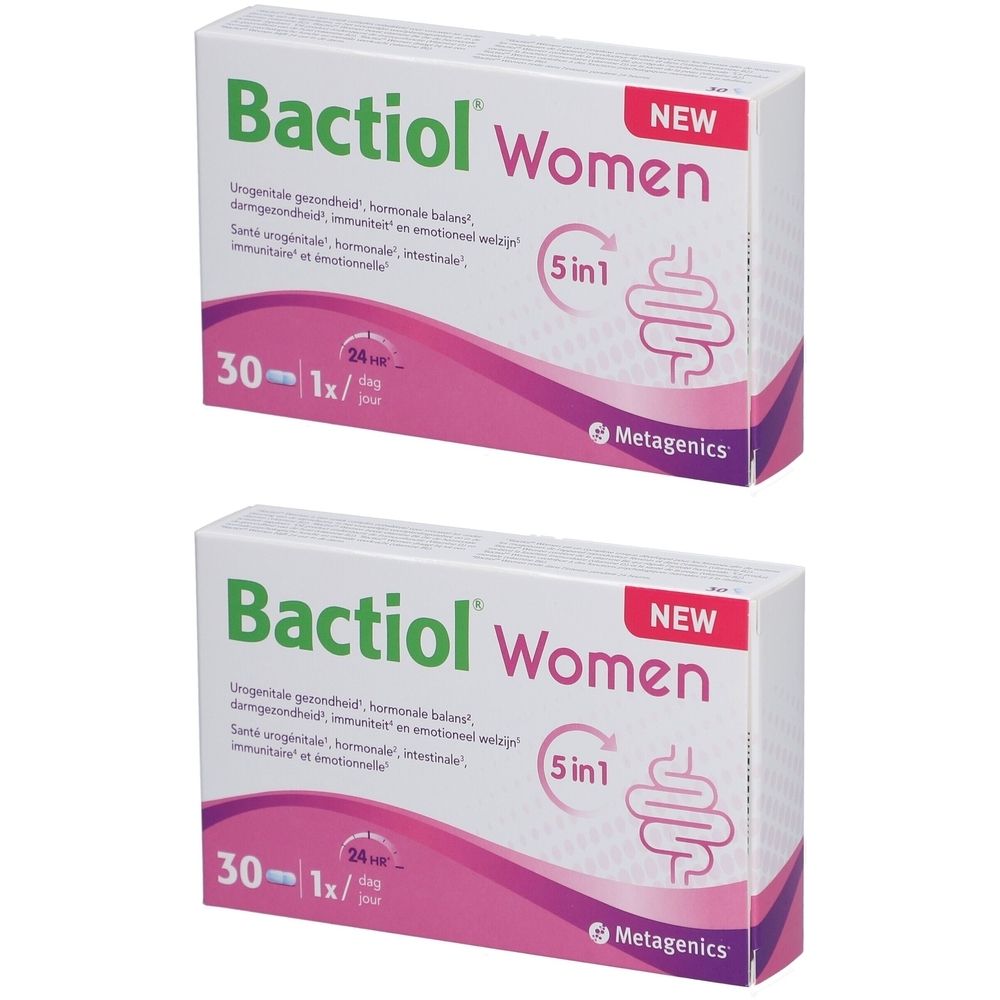 Twee verpakkingen Bactiol Women. Witte dozen met roze en groene tekst. Bevat 30 tabletten. "5 in 1" en een darm symbool.