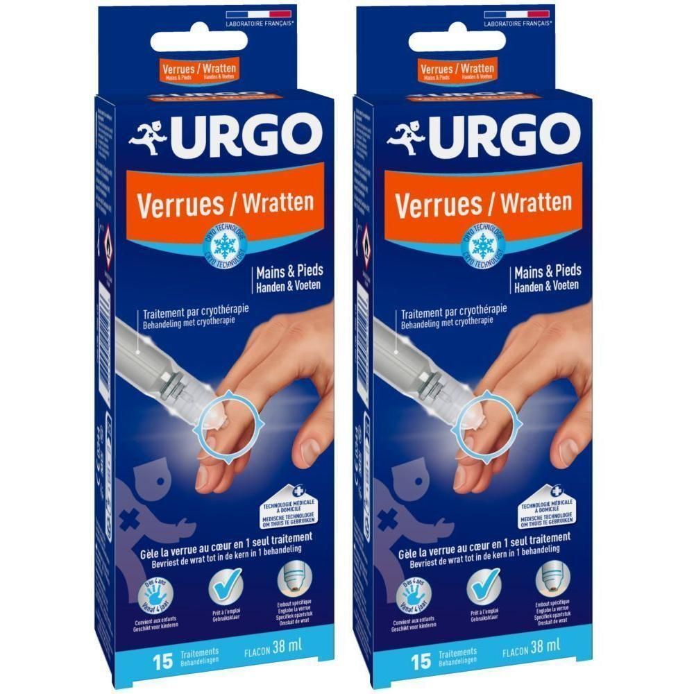 Twee verpakkingen URGO Verrues, blauwe verpakking. Productafbeelding met hand en applicator. Tekst: Verrues/Wrattens, 15 behandelingen.