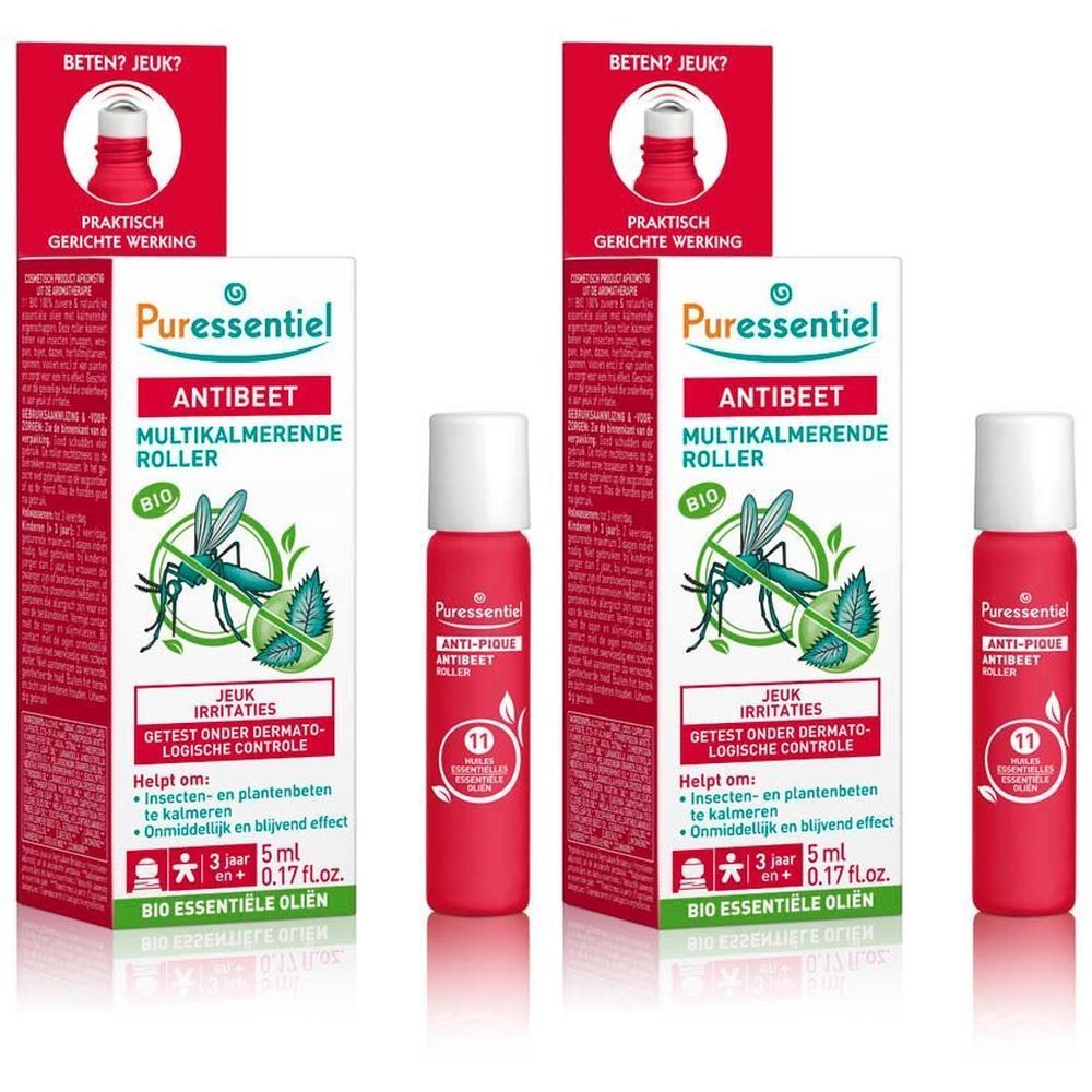Rode roll-on fles met witte dop en verpakking. Op de verpakking staat "Puressentiel Antibeeet".