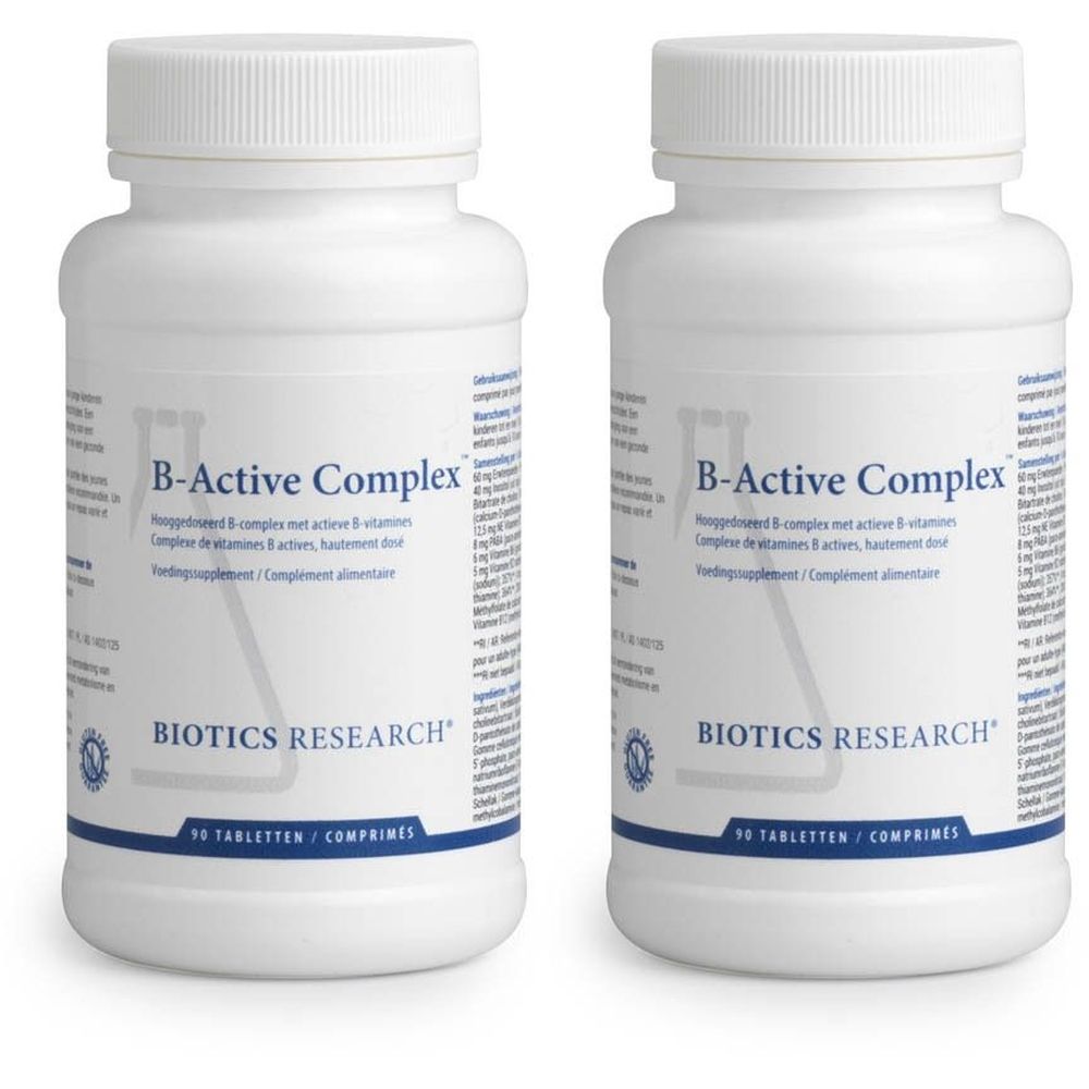 Twee witte flessen BIOTICS RESEARCH® B-Active Complex™ met etiketten en schroefdoppen. 30 tabletten.