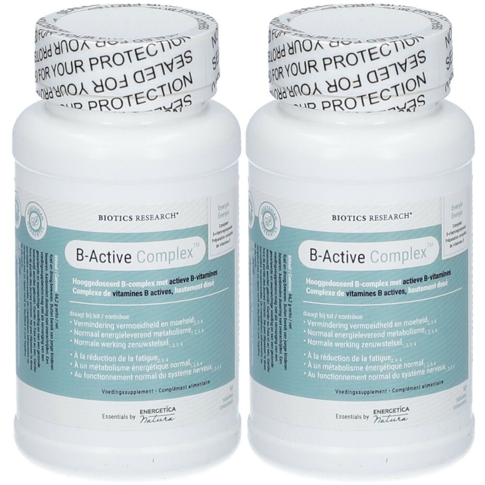 Twee witte flessen BIOTICS RESEARCH® B-Active Complex™ met etiketten en schroefdoppen. Verzegeling met tekst.