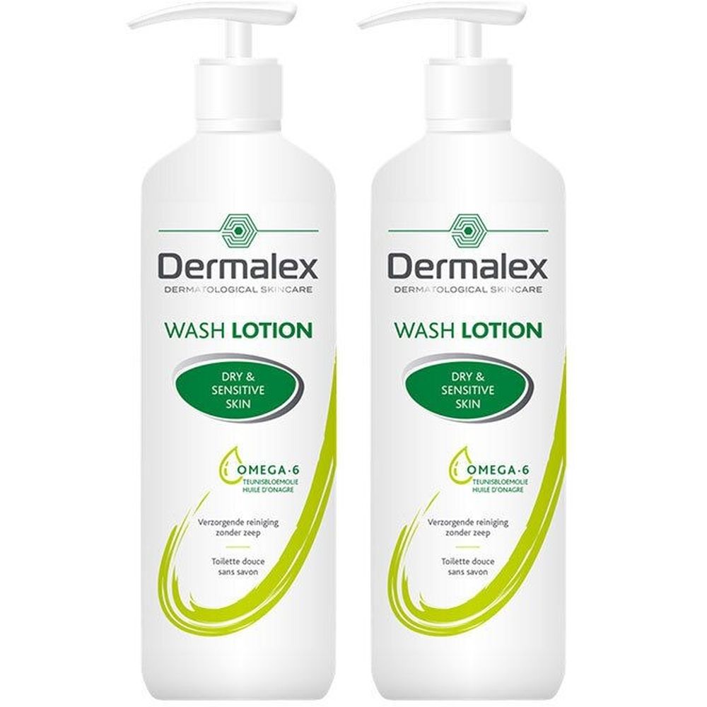 Twee witte flessen Dermalex Wash Lotion voor de droge en gevoelige huid. Met doseerpomp en groene accenten.