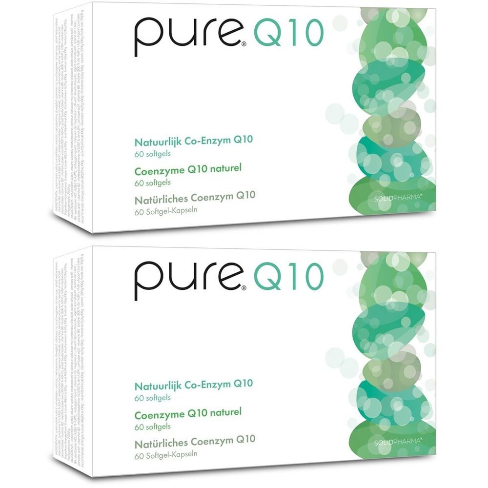 Twee witte dozen met "pure.Q10" logo en meertalige tekst. Opschrift: "Natuurlijk Co-Enzym Q10". 60 softgels.