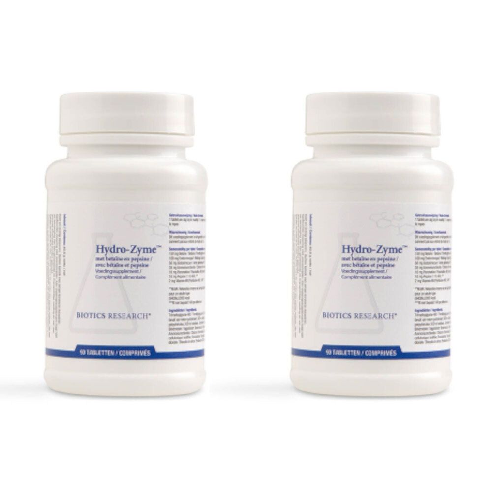 Twee witte flessen met etiketten. Opschrift: Hydro-Zyme, BIOTICS RESEARCH. 90 tabletten/comprimés.