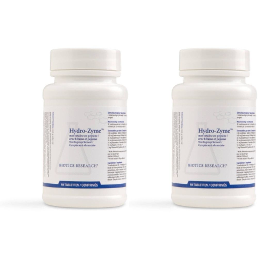 Twee witte flessen met etiketten. Opschrift: Hydro-Zyme, BIOTICS RESEARCH. 90 tabletten/comprimés.