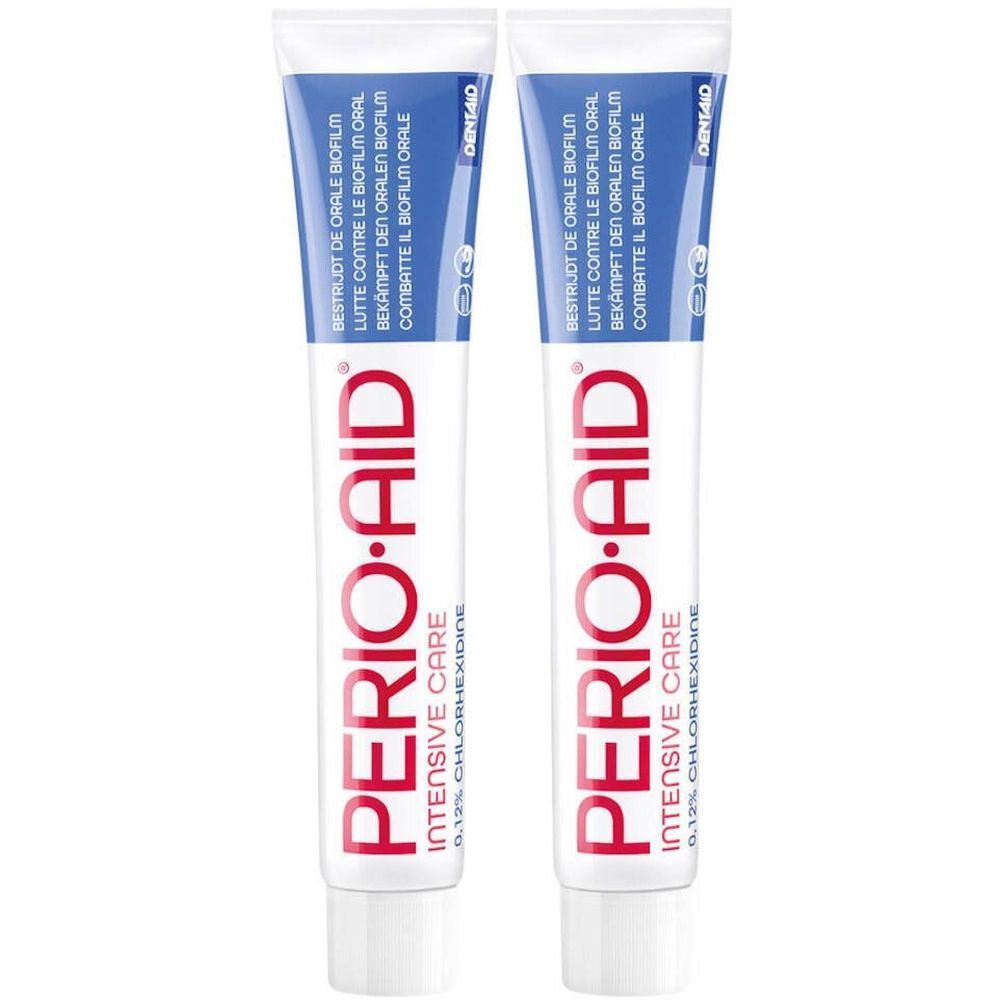 Twee tubes Perio-Aid Intensive Care Gel. Wit, met rode en blauwe tekst. Bevat chloorhexidine.