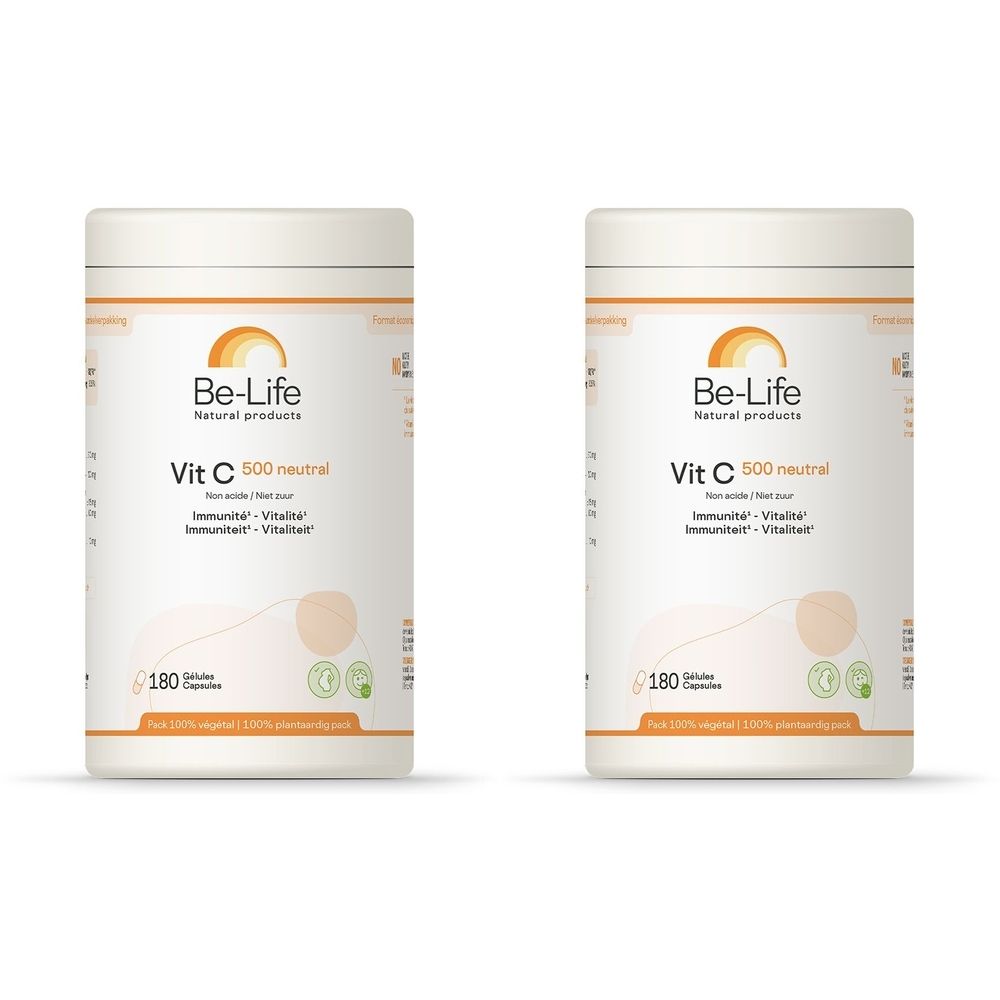 Twee witte potten met oranje accenten. Opschrift: Be-Life, Vit C 500 neutral, 180 capsules. Met logo.