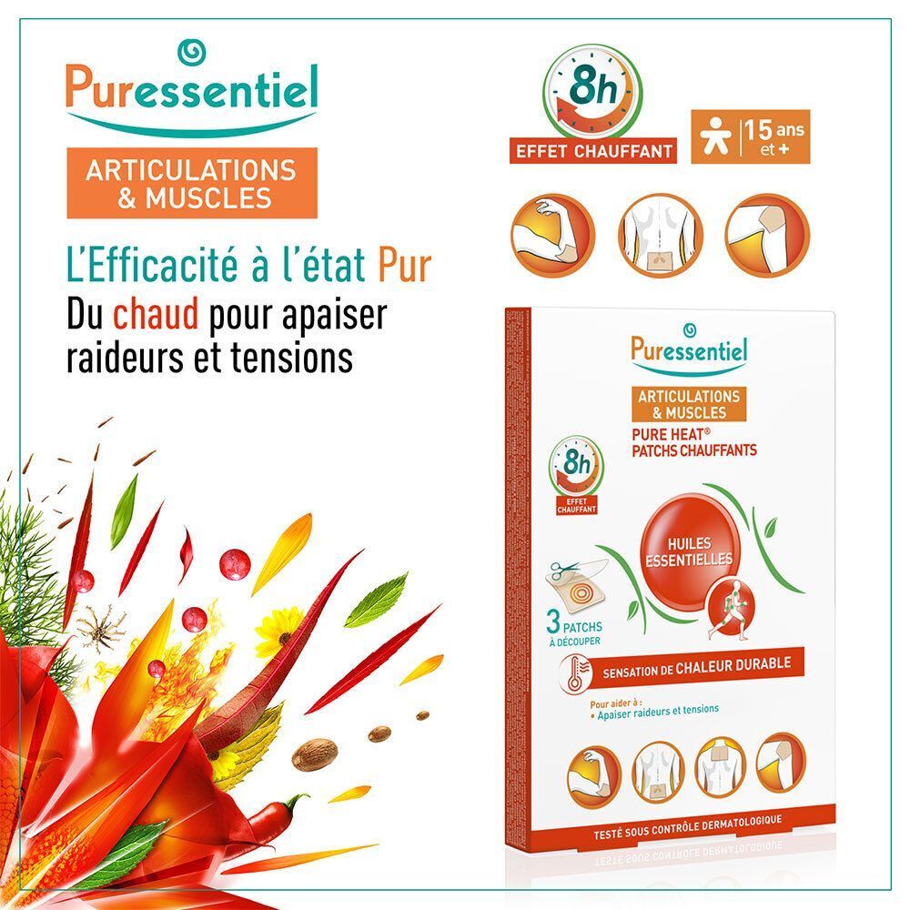 Puressentiel Warmtepleisters Gewrichten & Spieren, 3 pleisters. Werkt 8 uur.