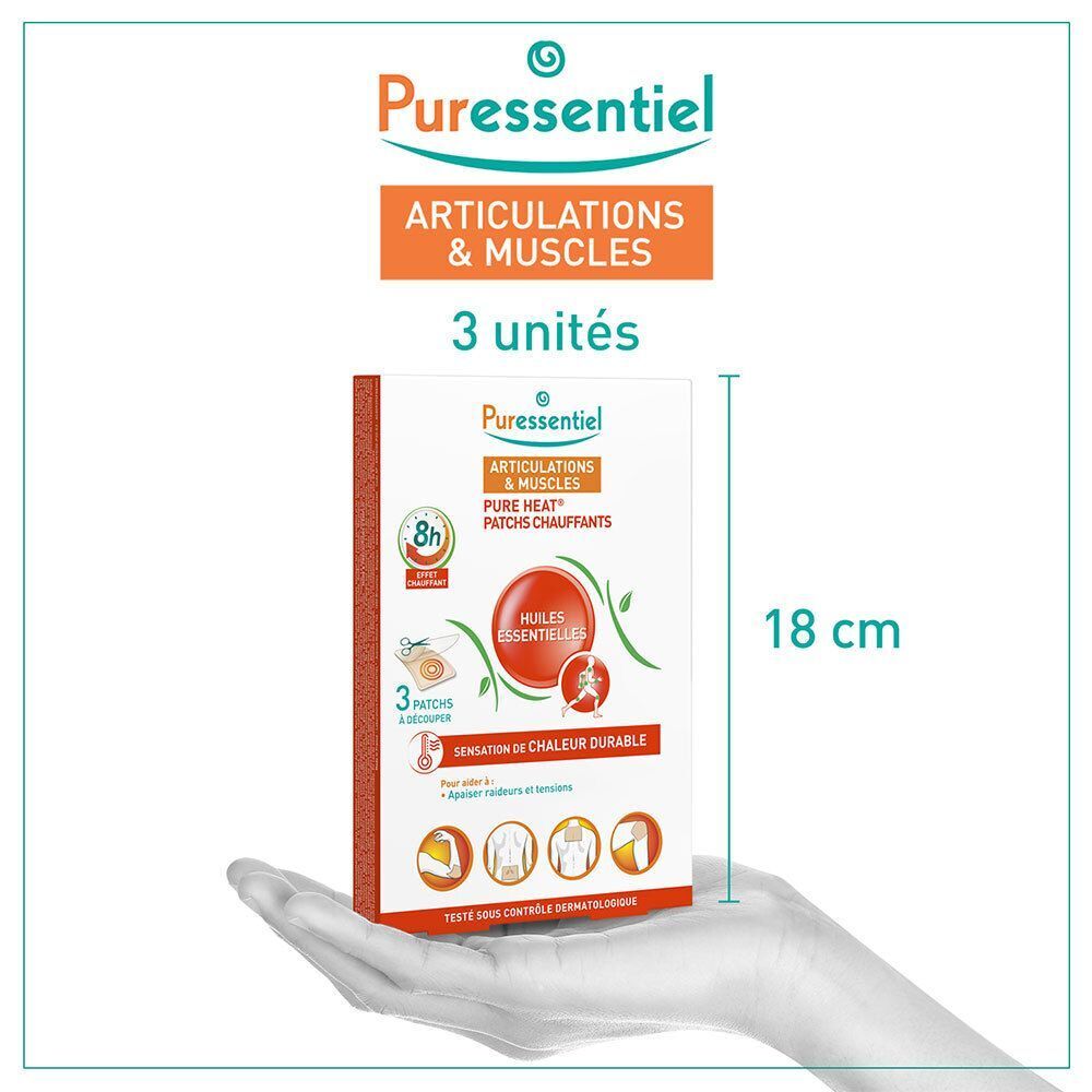 Doos met 3 Puressentiel verwarmende patches voor gewrichten en spieren, 18 cm hoog.