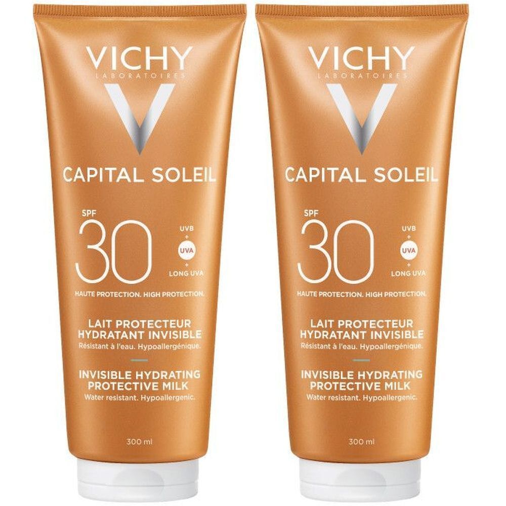 Twee tubes zonnebrandmelk. Opschrift: VICHY, CAPITAL SOLEIL, SPF 30. Tekst: Lait Protecteur Hydratant Invisible.