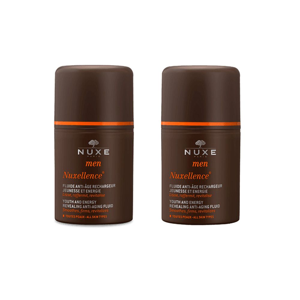 Twee bruine flacons met oranje accenten. Opschrift: Nuxe Men Nuxellence, anti-aging fluid. Voor alle huidtypes.