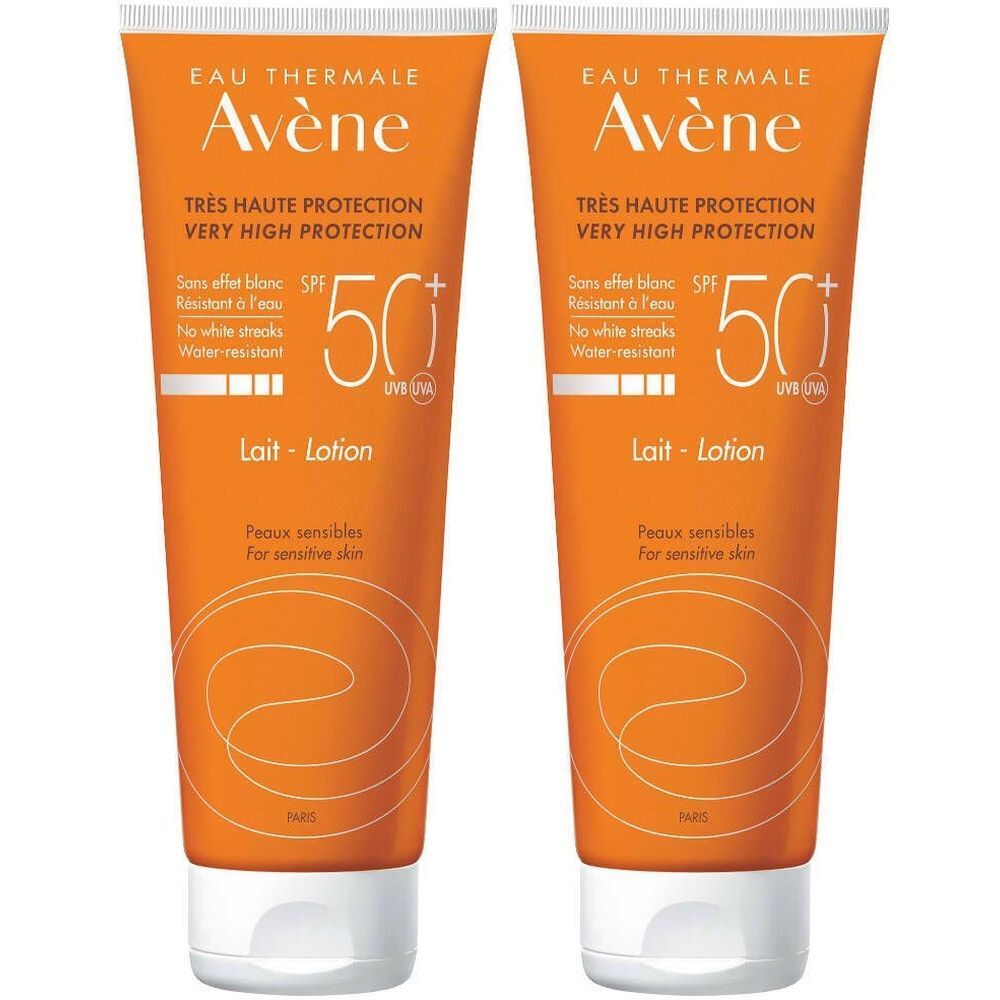 Deux tubes de lait solaire Avène SPF50+. Tubes orange avec bouchon blanc. Inscription : Très haute protection, Lait-Lotion.
