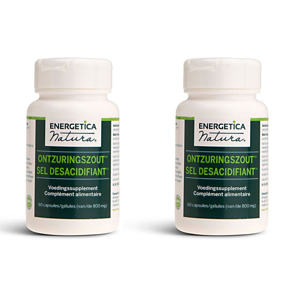 Twee witte flessen met groen etiket. Opschrift: ENERGETICA NATURA, Ontzuringszout, Sel Désacifiant. 60 capsules.