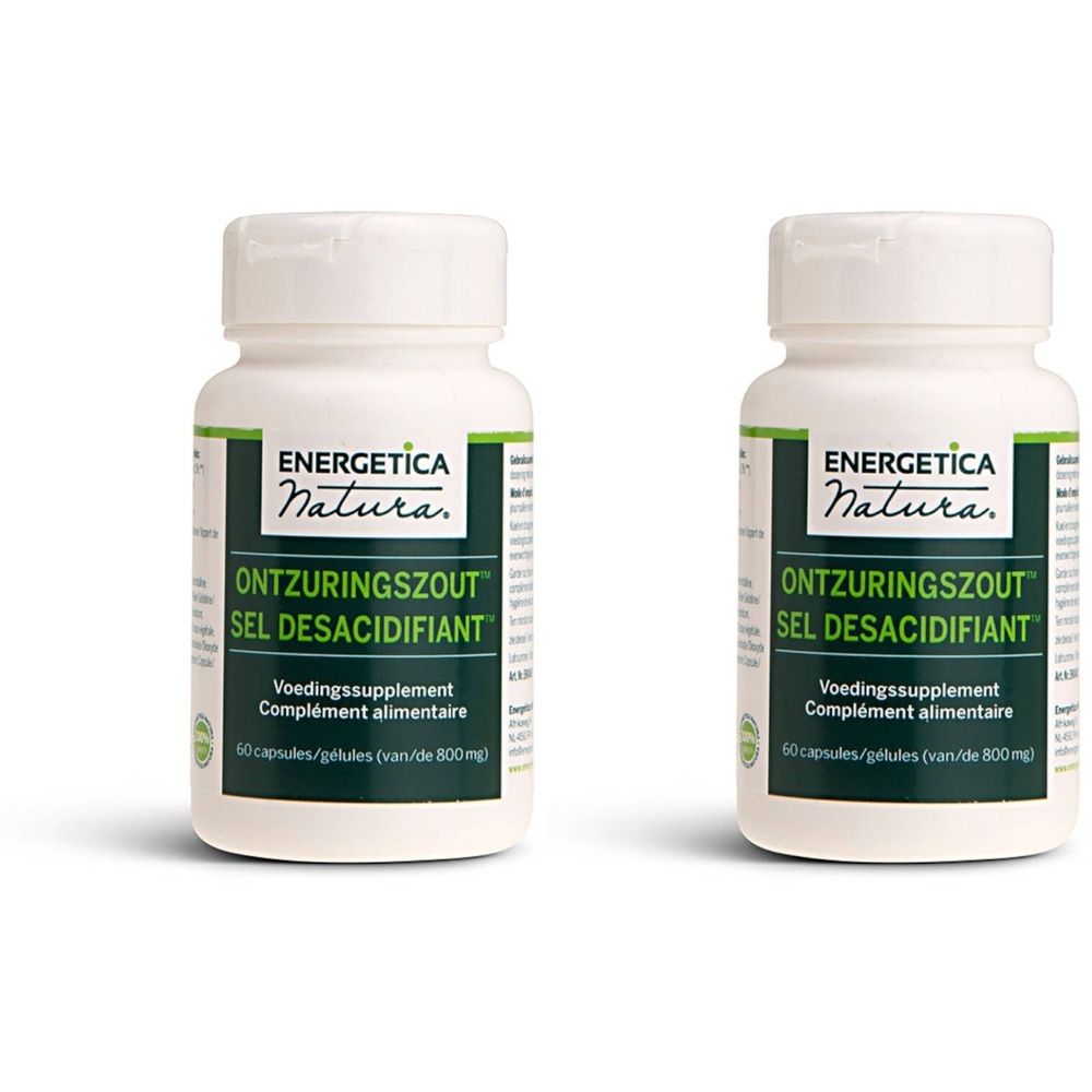 Twee witte flessen met groen etiket. Opschrift: ENERGETICA NATURA, Ontzuringszout, Sel Désacifiant. 60 capsules.