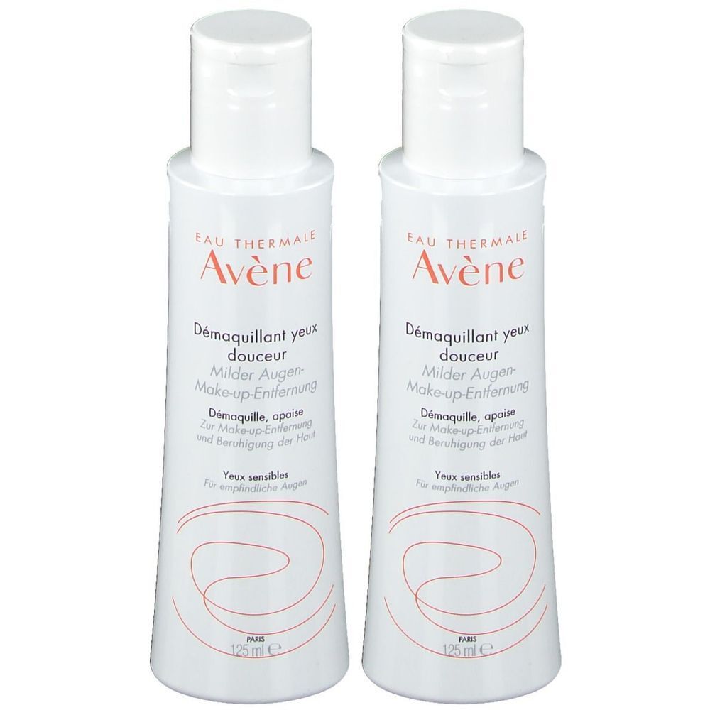 Twee witte flessen met witte dop. Opschrift: Eau Thermale Avène, Démaquillant yeux douceur, Milder Augen-Make-up-Entferner. 125 ml.