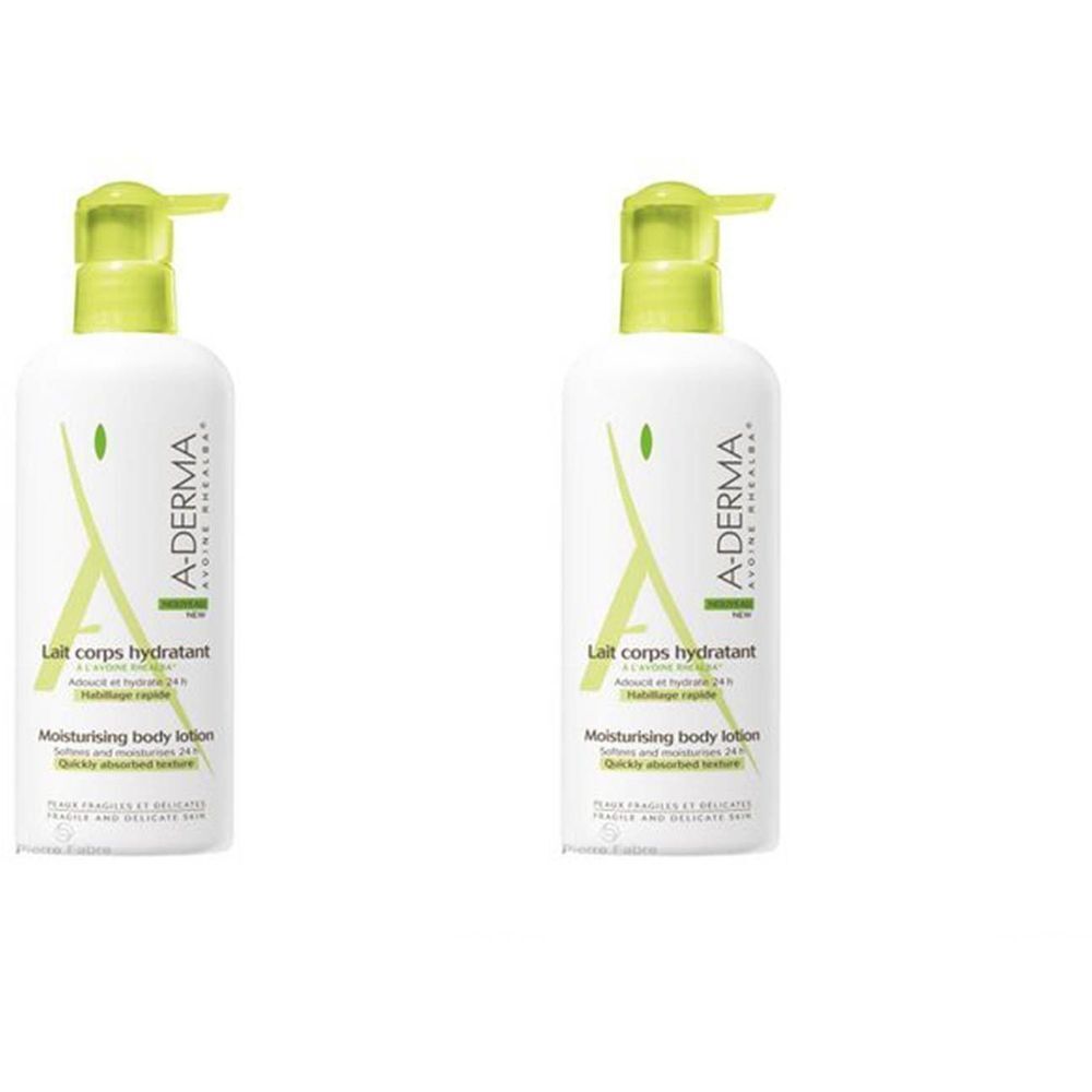 Deux flacons blancs avec pompe verte. Inscription: A-DERMA, Lait corps hydratant, Moisturising body lotion.