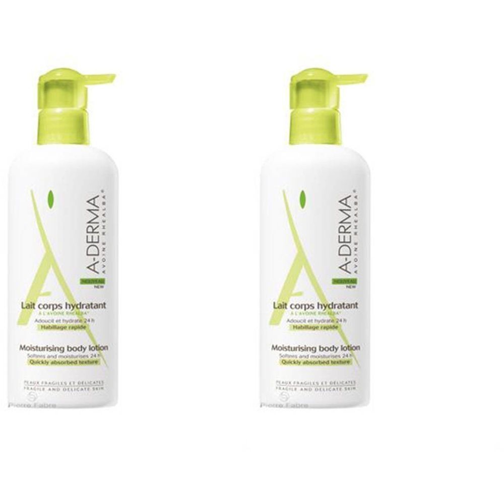 Twee witte flessen met groene pomp. Opschrift: A-DERMA, Lait corps hydratant, Moisturising body lotion.