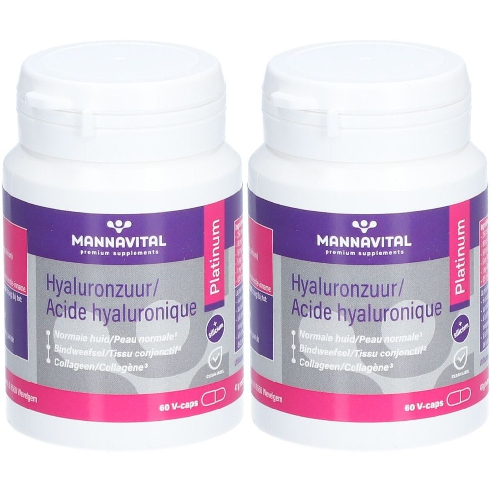 Twee witte flessen met paarse etiketten. De etiketten tonen "MANNAVITAL" en "Hyaluronzuur/Acide hyaluronique".