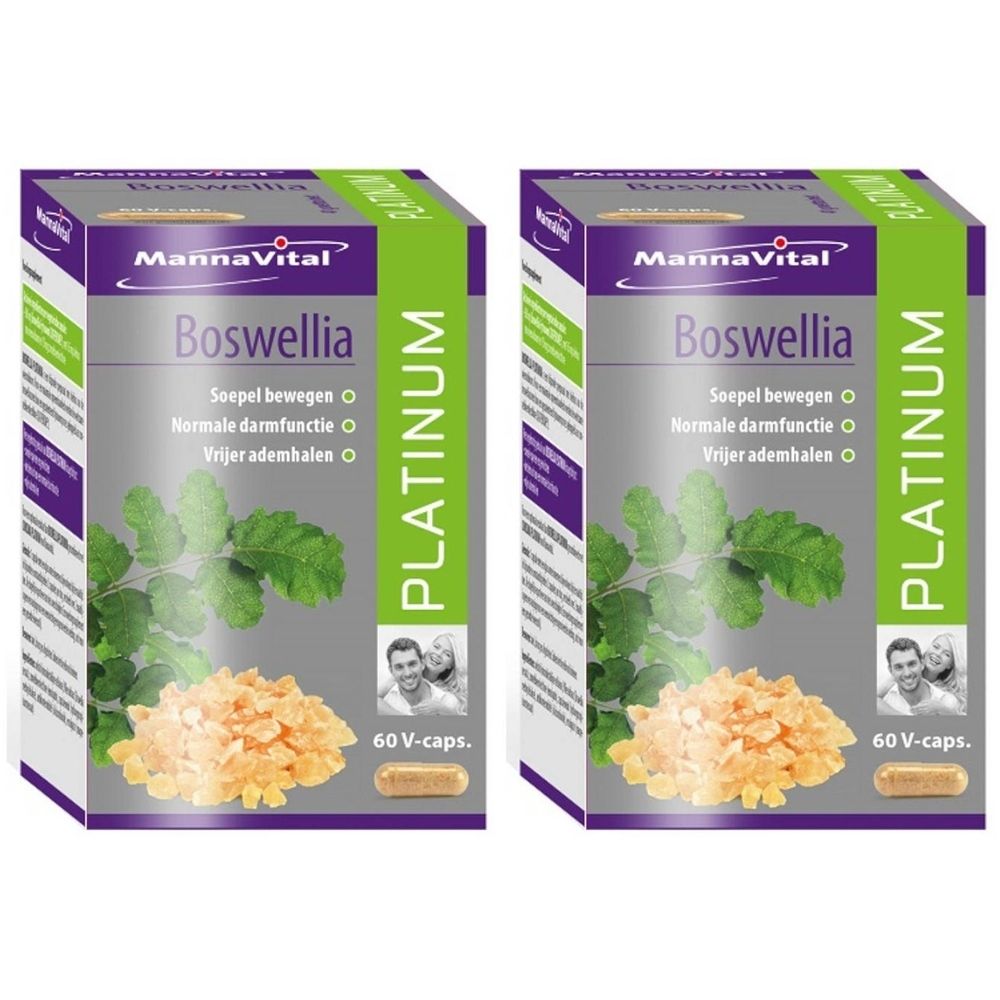 Twee dozen MannaVital Boswellia Platinum. Opschrift: Boswellia, Platinum, 60 V-caps. Afbeelding van bladeren en capsules.