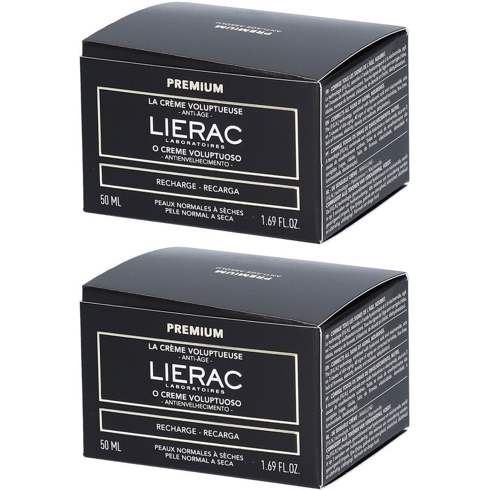 Twee zwarte dozen met productlabels. Merk Lierac, tekst: Premium, La Crème Voluptueuse.