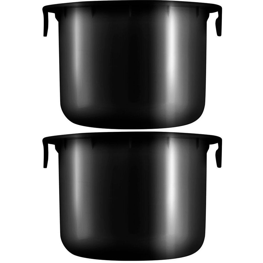Twee zwarte, cilindrische containers met handvatten. Glanzende oppervlakken.