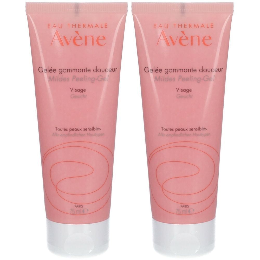 Twee tubes Avène Gel Exfoliant Doux Visage. Roze tubes met witte doppen. Tekst: Gelée gommante douceur.