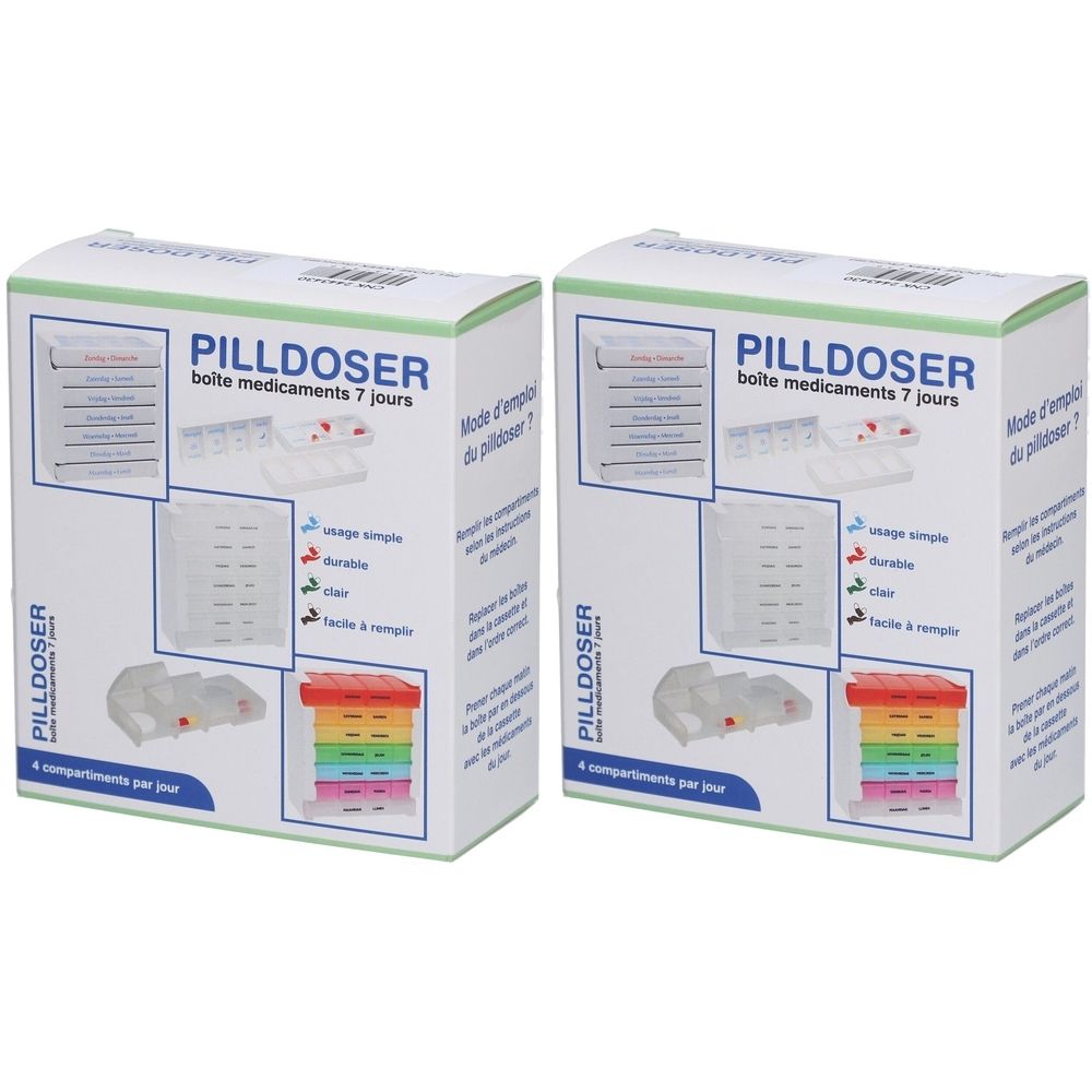 Twee witte verpakkingen van pillendoosjes. Opschrift: Pillendoser, 7 dagen, 6 vakken per dag. Meerkleurige tablettenvakken zichtbaar.