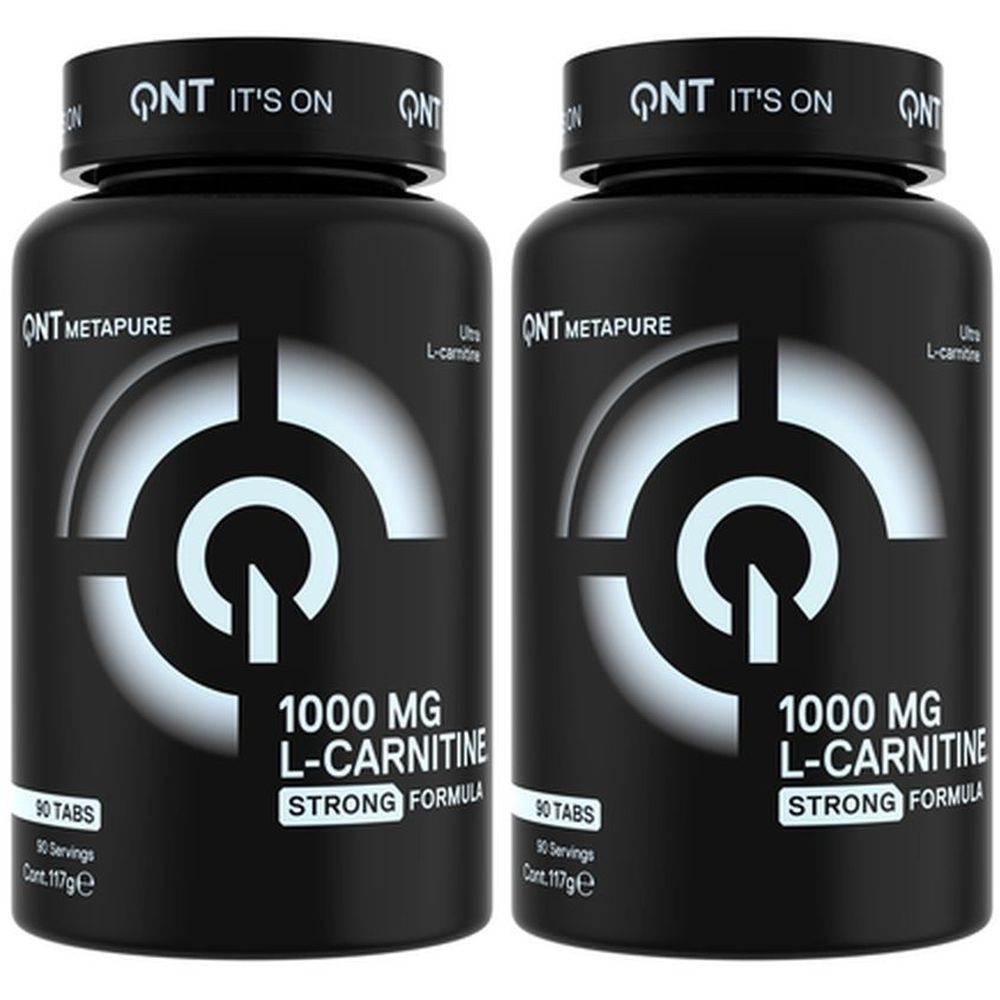 Deux flacons noirs avec texte blanc. Inscription : QNT, METAPURE, 1000 MG L-CARNITINE, STRONG FORMULA. Bouchons avec QNT et IT'S ON.