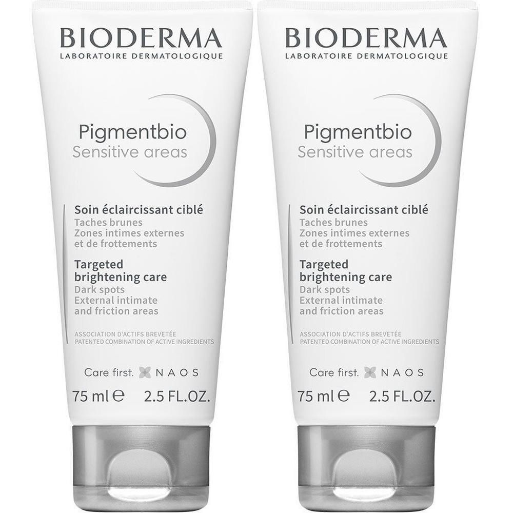 Twee tubes Bioderma Pigmentbio. Witte tubes met grijze doppen. Productnaam en informatie op de voorkant.