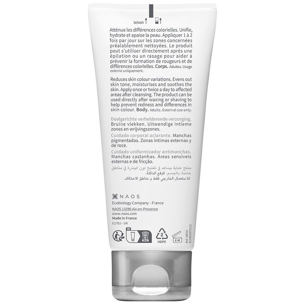 Achterkant van een tube Bioderma Pigmentbio. Tekst in meerdere talen. Grijze dop.