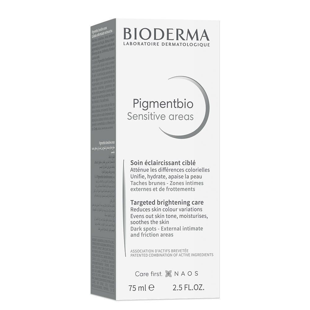 Doos Bioderma Pigmentbio. Wit met productinformatie en logo. 75 ml.