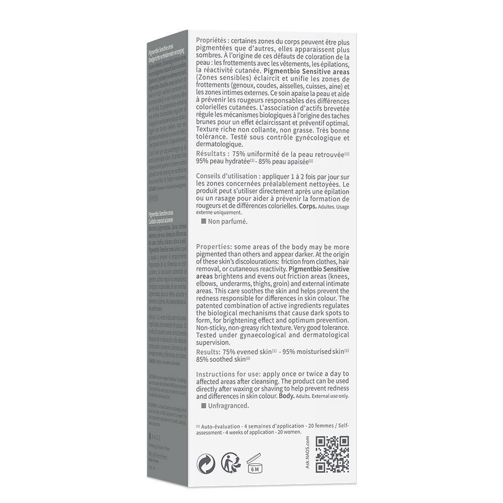 Achterkant van de doos Bioderma Pigmentbio. Tekst in meerdere talen. Productinformatie.