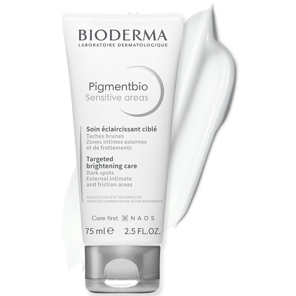 Tube Bioderma Pigmentbio met product. Witte tube met grijze dop. Product op witte achtergrond.