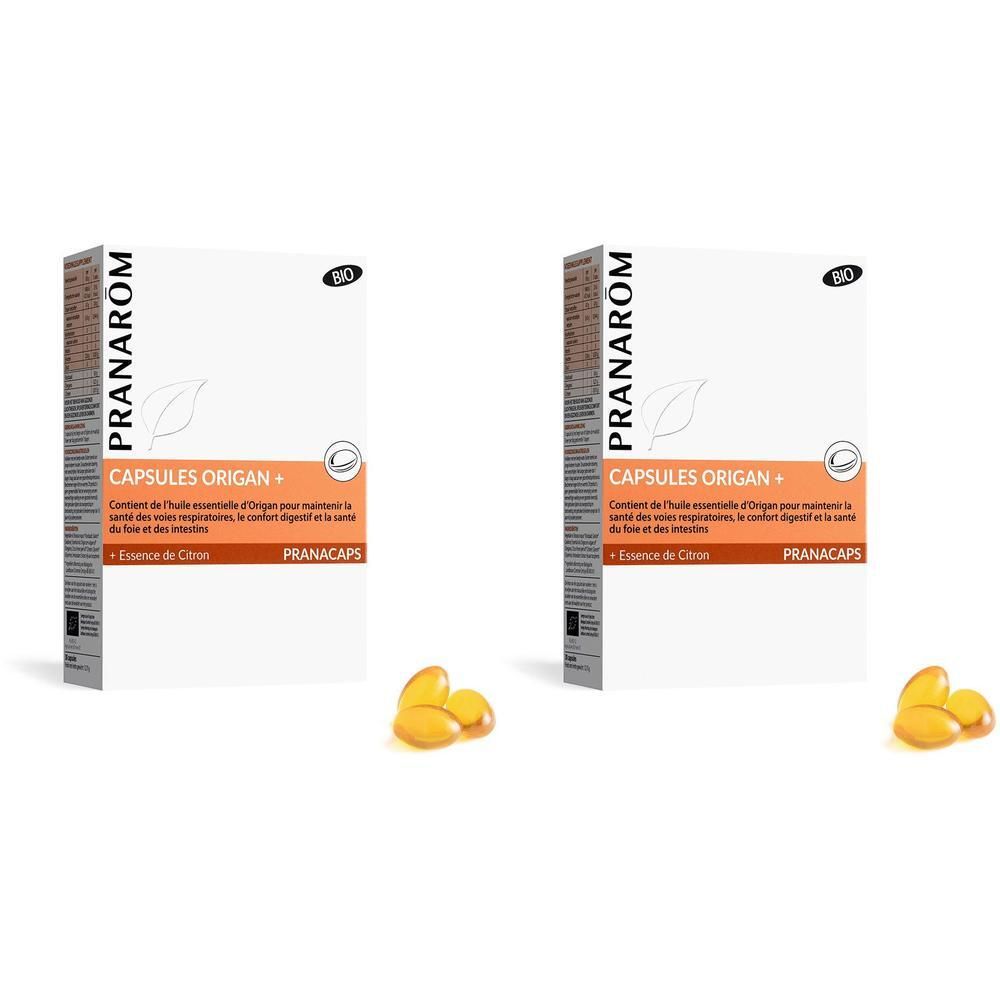 Deux boîtes de Pranarôm Origan+ Capsules avec essence d'origan et de citron. Trois capsules sont à côté.