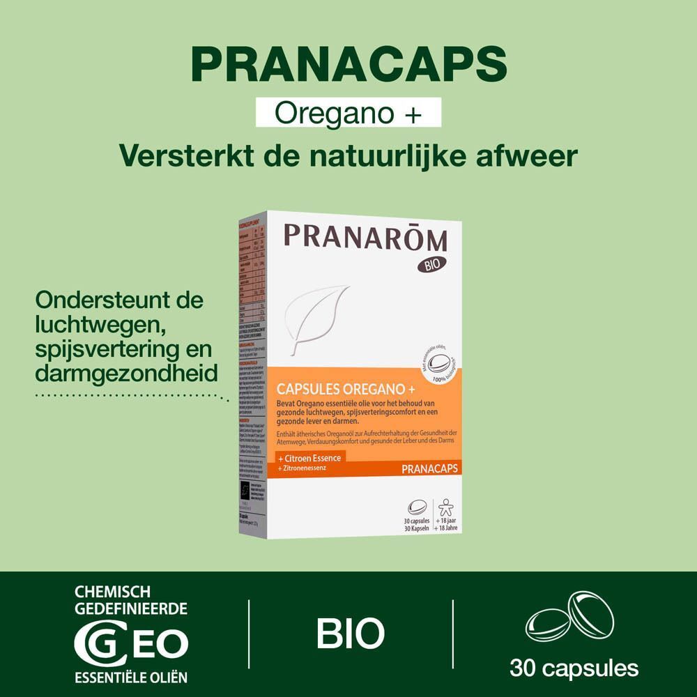 Twee dozen capsules. Opschrift: Pranarom, Capsules Origan +, Essence de Citron. Gele capsules ernaast.