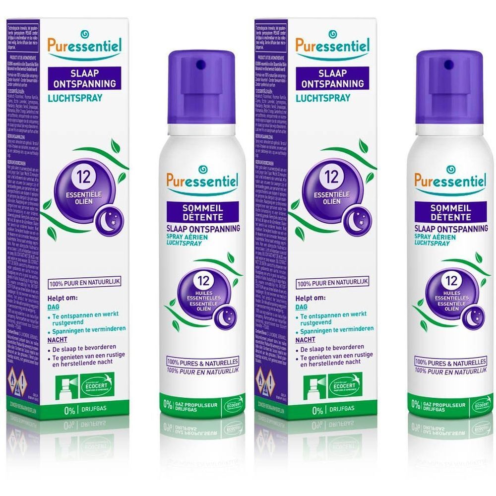 Drie sprays en twee verpakkingen. Opschrift: Puressentiel, Sommeil Détente, 12 Huiles Essentielles. Groen-witte verpakking.
