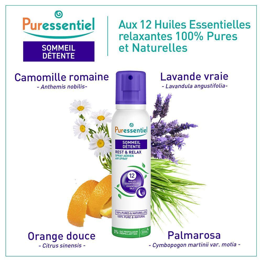 Puressentiel Spray met 12 etherische oliën: Kamille, Lavendel, Sinaasappel, Palmarosa.